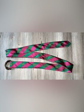 J. Crew 100% Silk Tie Belt With Tennis Racquet Pink And Green S/M